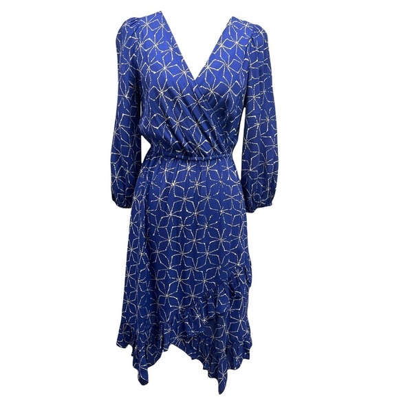 Plenty by Tracy Reese Blue Pinwheel Print Faux Wrap Asymmetrical Ruffle Dress S - Picture 3 of 10